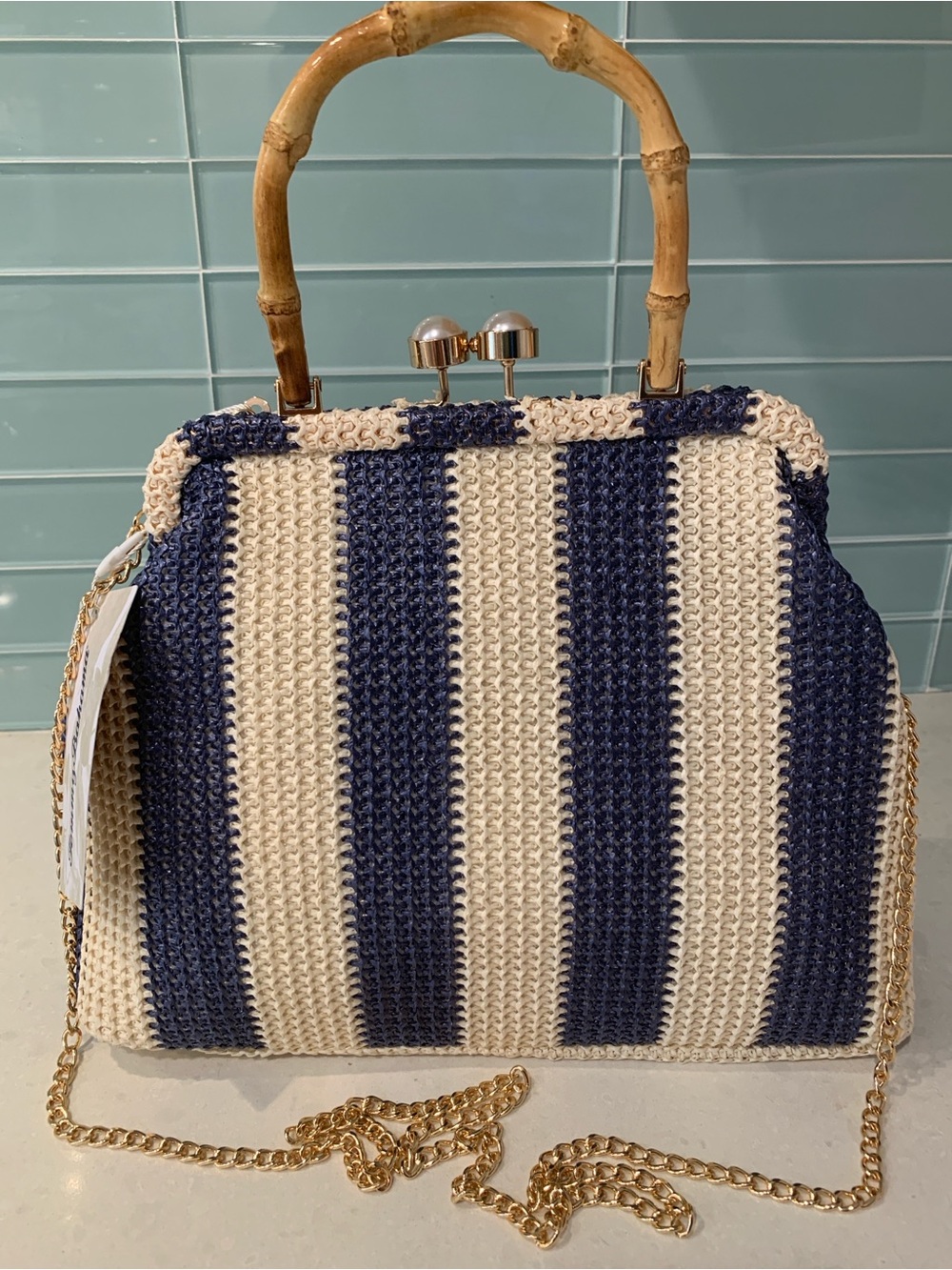 Tommy Bahama Navy Cream Stripe Kiss Lock Bamboo Handle Chain Crossbody Bag NWT